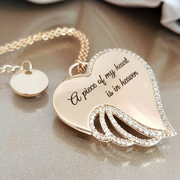 A Piece Of My Heart Is In Heaven Angel Wings With Cyrstal Letters Love Necklace Fashion Lady Pendant